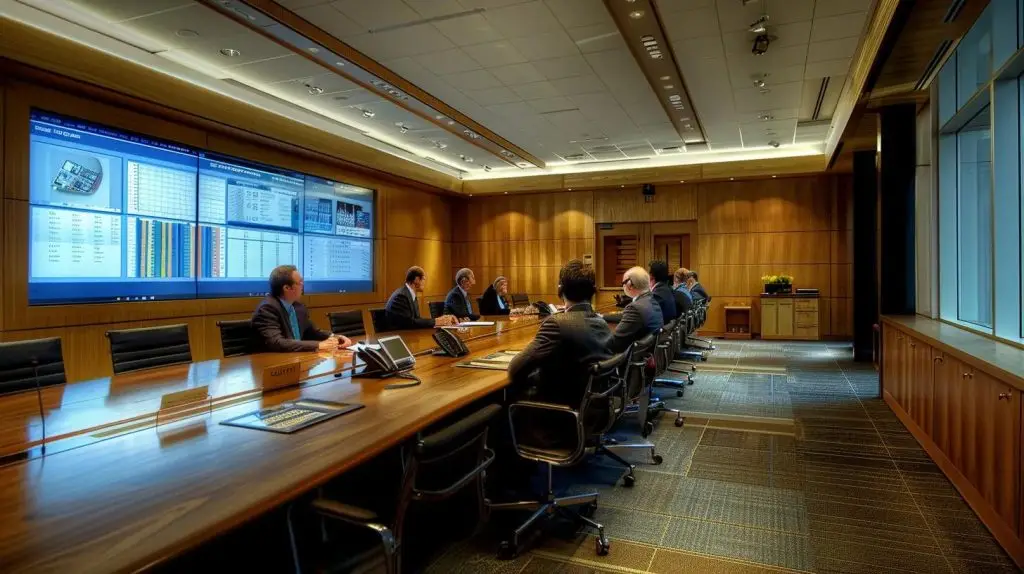 a sleek, modern office conference room with a digital display showcasing a security compliance audit plan, surrounded by engaged professionals actively discussing strategic objectives and risk assessments.