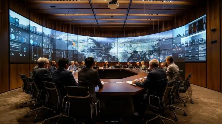 a sleek, modern office conference room showcases a diverse group of professionals engaged in a strategic discussion, surrounded by digital screens displaying risk management analytics and compliance strategies, illuminated by dynamic, focused lighting.