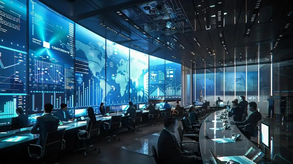 a sleek, modern office conference room is filled with a diverse group of professionals engaged in an animated discussion, surrounded by digital screens displaying dynamic graphs and compliance frameworks, highlighting the importance of security management and regulations.