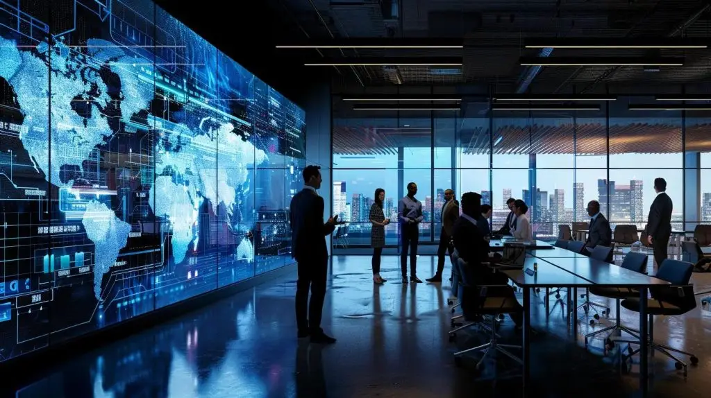 a sleek, modern office environment showcases a diverse team of professionals engaged in a dynamic discussion around a digital display, emphasizing the strategic advantages of integrating a virtual ciso into their business operations.