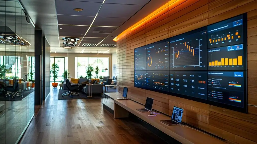 a sleek, modern office environment showcasing a digital dashboard on a large screen, highlighting sql server performance metrics and analytics tools, with a professional database administrator examining the data thoughtfully against a backdrop of contemporary office architecture.