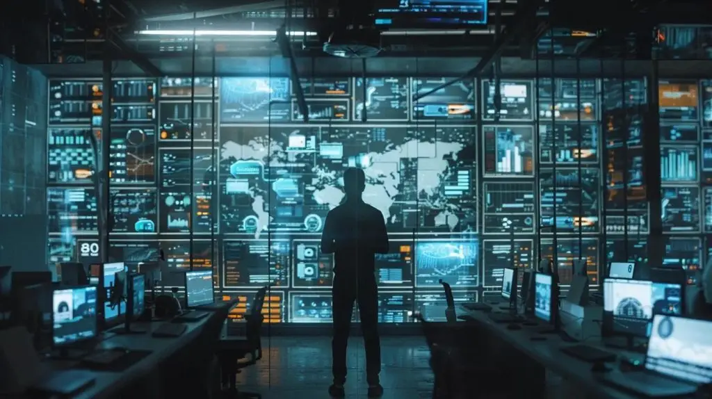 a sleek, modern office environment features a diverse team actively collaborating around a large digital screen displaying cybersecurity frameworks and risk management strategies, emphasizing a proactive approach to security compliance.