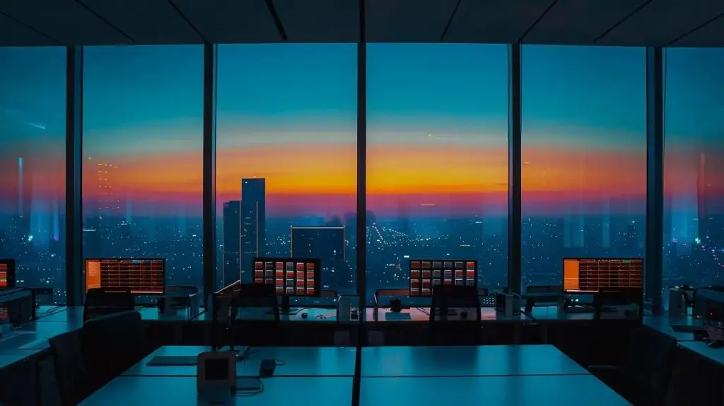 a sleek, modern office environment with multiple computer screens displaying encrypted data flows and security analytics, illuminated by cool, artificial lighting to emphasize the high-tech atmosphere of cloud data protection strategies.