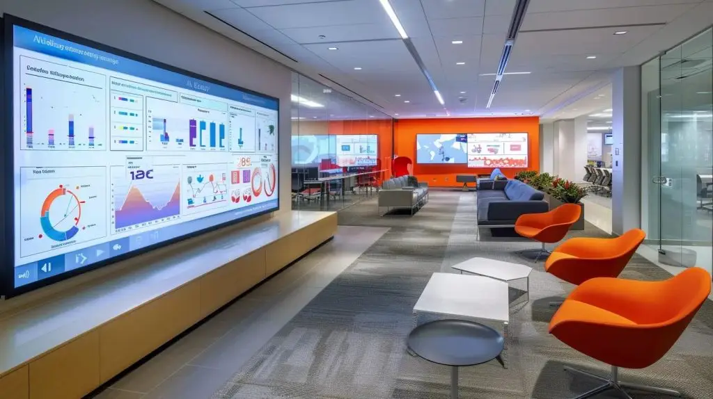 a sleek, modern office environment features a glowing digital display showcasing advanced firewall analytics, highlighting real-time network traffic with vibrant graphs and alerts while security professionals engage in focused discussions.