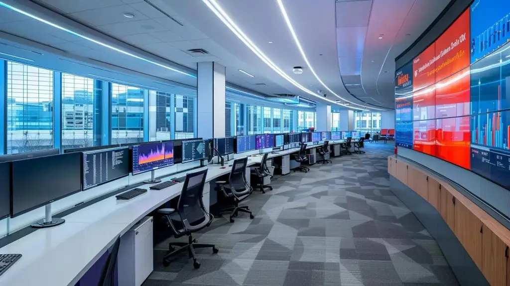 a sleek, modern office environment showcases a focused team engaged in a serious discussion about network security compliance, surrounded by digital displays of data protection metrics and compliance checklists.