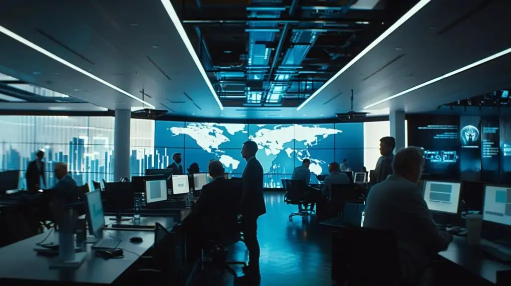 a sleek, modern office environment showcases a diverse group of employees engaged in a dynamic cybersecurity training session, complete with interactive simulations and digital screens displaying threat scenarios.