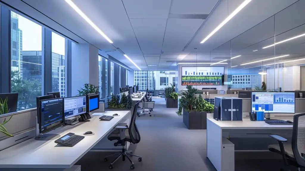 a sleek, modern office environment featuring multiple computer screens displaying advanced data protection software interfaces, highlighting robust backup options, real-time monitoring alerts, and encryption statistics, all illuminated by focused artificial lighting that emphasizes a high-tech security theme.