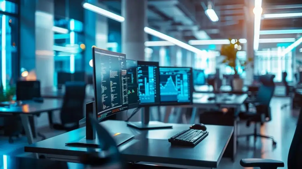 a sleek, modern office environment featuring a sophisticated cybersecurity operations center, illuminated by vibrant screens displaying real-time data analytics and threat detection metrics, symbolizing advanced technology and strategic resilience against cyber threats.