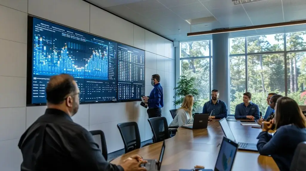 a sleek, modern office environment featuring a diverse group of professionals engaged in a dynamic discussion around a digital display showcasing iso compliance data, emphasizing commitment to enhanced security practices.
