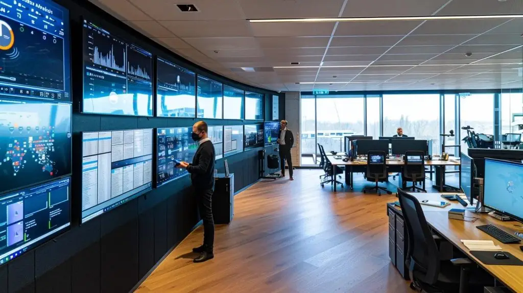 a sleek, modern office environment filled with multiple screens displaying real-time cybersecurity analytics, with a focused team of professionals analyzing data and strategizing proactive measures against digital threats.