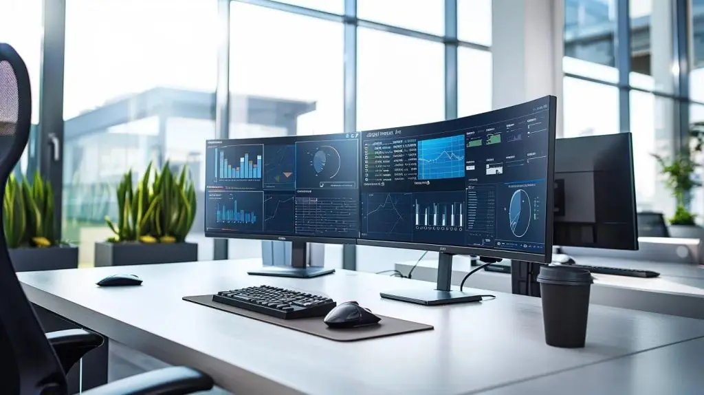 a sleek, modern office environment features multiple high-resolution monitors displaying dynamic graphs and alerts from threat intelligence tools, emphasizing a proactive approach to cyber security with a sense of urgency and technological sophistication.