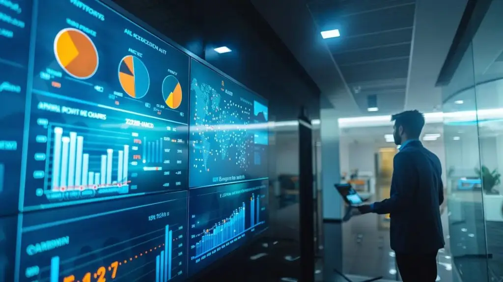 a sleek, modern office environment showcases a digital display board filled with organized incident response plan templates, emphasizing cybersecurity roles, strategies, and updates while illuminated by focused led lighting that highlights the urgency and importance of it security resilience.