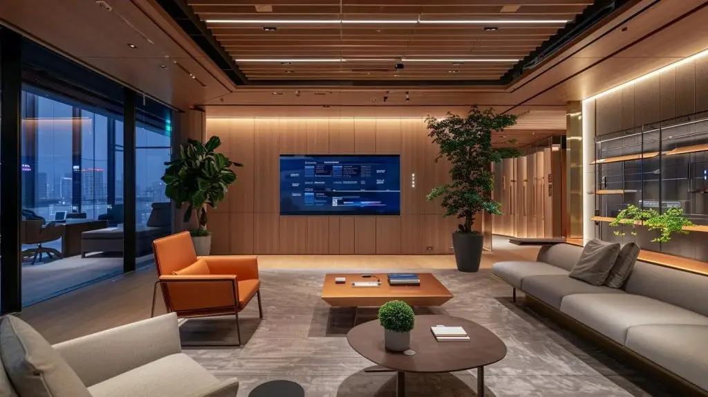 a sleek, modern office environment showcases an intricate digital interface displaying various data encryption methods, illuminated by soft, ambient lighting that emphasizes the theme of enhanced privacy in technology.
