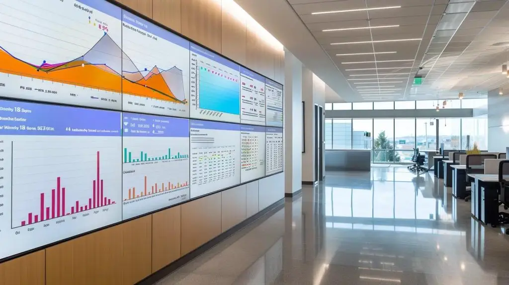 a sleek, modern office environment features a large digital display showcasing dynamic graphs and metrics from various third-party sql server performance tools, emphasizing data analysis and advanced monitoring capabilities.