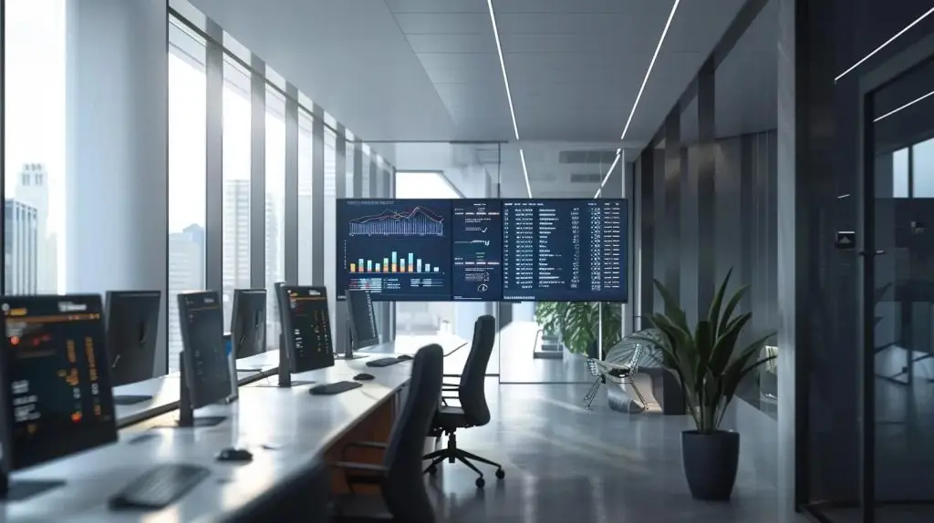 a sleek, modern office environment showcases a digital display illustrating the seamless integration of securitribe compliance solutions into an existing cybersecurity architecture, with vibrant data visualizations accentuating the enhanced protection and efficiency.