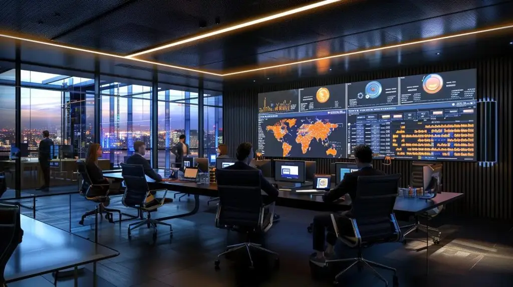 a sleek, modern office environment showcases a team of professionals collaborating around a high-tech display screen, illustrating the concept of data resilience with graphs and real-time monitoring metrics, all bathed in sharp, artificial lighting that highlights their focused expressions.