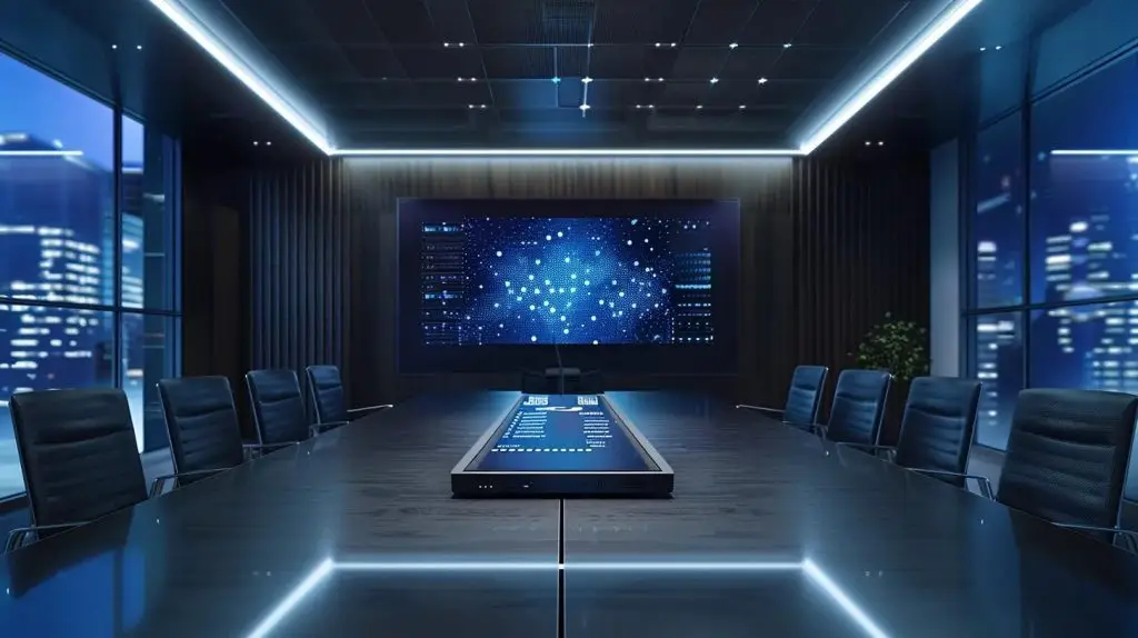 a sleek, modern office environment showcases a fortigate firewall prominently on a polished conference table, highlighting advanced security technology with elegant lighting emphasizing its precision design against a backdrop of digital network graphics on a large screen.