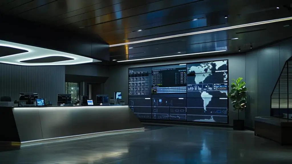 a sleek, modern office environment featuring a sophisticated access control system interface displayed on a large screen, emphasizing advanced biometric and cloud integration technology that showcases operational efficiency and security management.