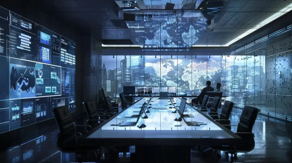 a sleek, modern office environment features a large digital display showcasing various cybersecurity compliance frameworks, with professionals engaged in a focused discussion around a polished conference table, conveying an atmosphere of strategic planning and collaboration.