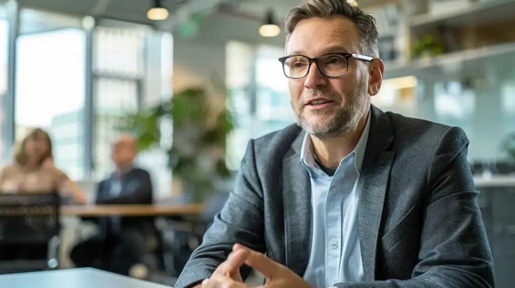 a sleek, modern office environment features a confident vciso engaging in a video conference with business executives, juxtaposed with a traditional ciso in a bustling workspace, highlighting the contrast between remote consulting and in-house security leadership.