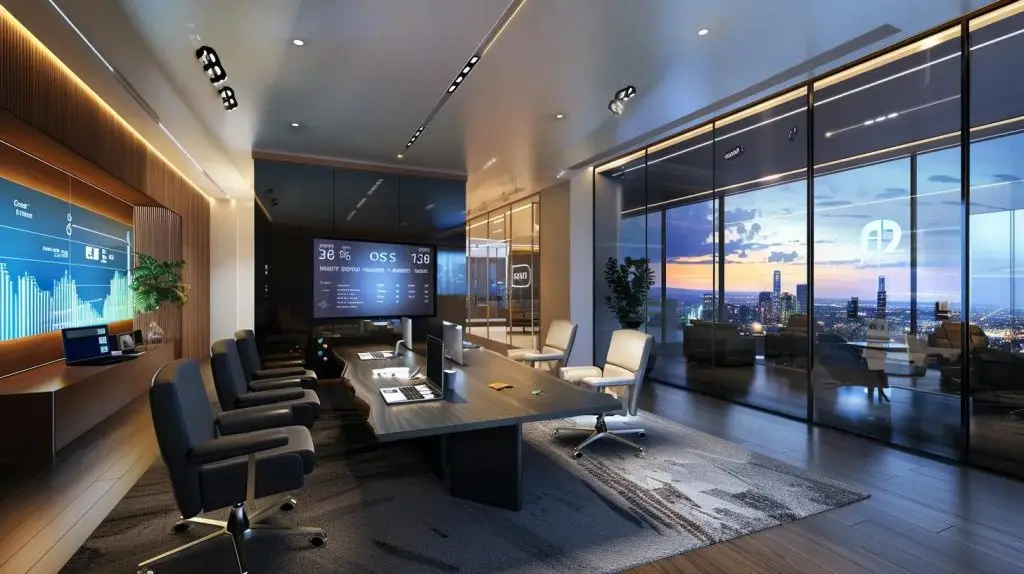 a sleek, modern office environment buzzes with digital activity, featuring a large screen displaying a dynamic cybersecurity dashboard filled with alarming statistics and graphics, symbolizing the urgent need for robust risk management against emerging cyber threats.