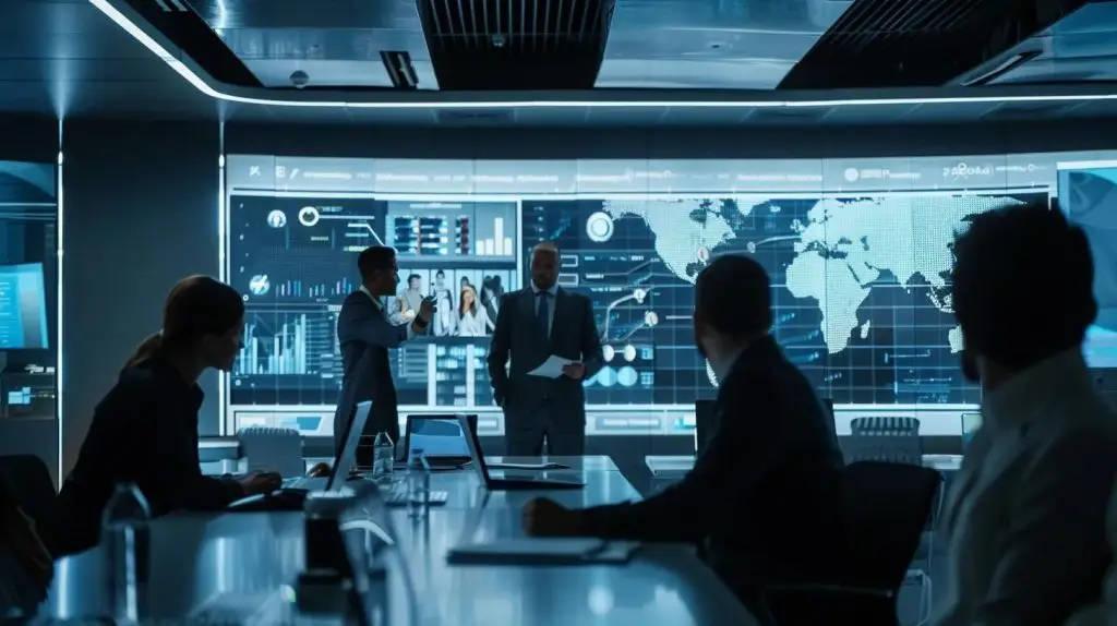 a sleek, modern office environment featuring a diverse group of business professionals engaged in a strategic discussion around a digital presentation highlighting cybersecurity keyword strategies, illuminated by soft overhead lighting that emphasizes their focused expressions.