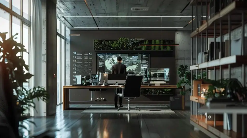 a sleek, modern office environment features an employee intensely focused on a large monitor displaying complex security analytics, emphasizing the urgent need for multifactor authentication and proactive identity management against account hijacking threats.