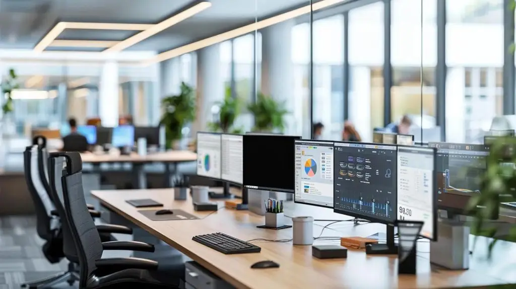a sleek, modern office environment showcases a high-tech data protection software interface on multiple screens, emphasizing features like advanced encryption and automated monitoring while highlighting a team engaged in strategic planning and training against cyber threats.