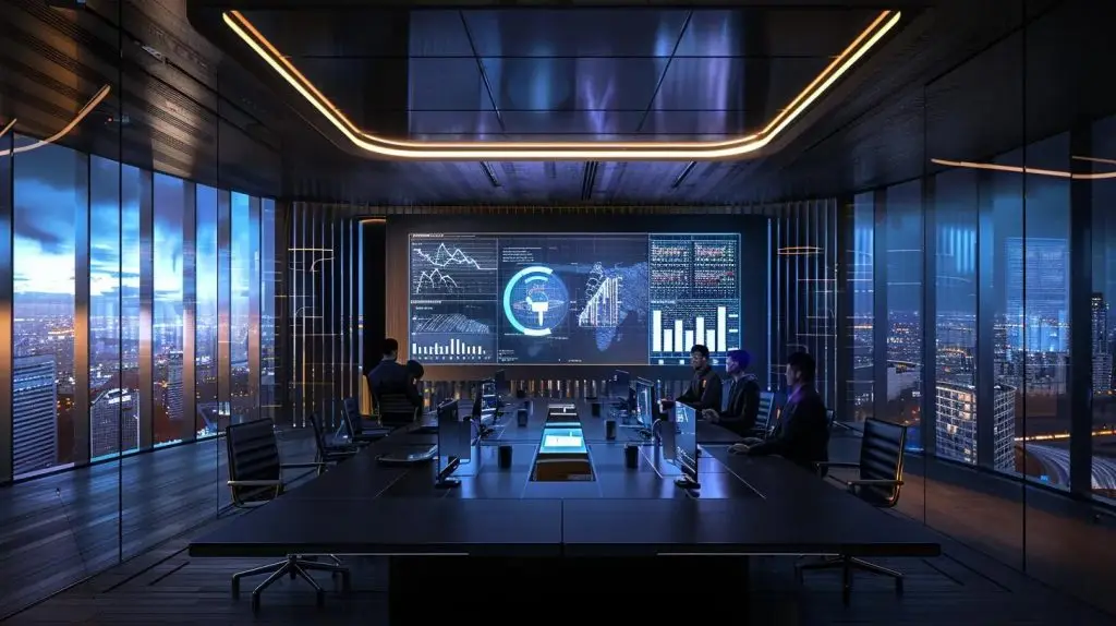 a sleek, modern office environment features a large digital dashboard displaying vibrant graphs and metrics on cybersecurity compliance, with professionals engaging in focused discussions around a polished conference table.