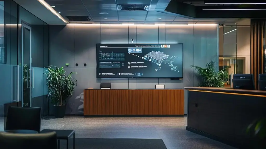 a sleek, modern office environment with a digital display showcasing an iso compliance framework diagram, illuminated by focused overhead lighting, symbolizing enhanced organizational security and strategic oversight.