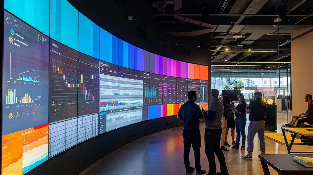 a sleek, modern office environment features a large digital screen displaying a detailed comparison chart of security compliance frameworks, surrounded by engaged professionals discussing the critical attributes and implications for their organization.