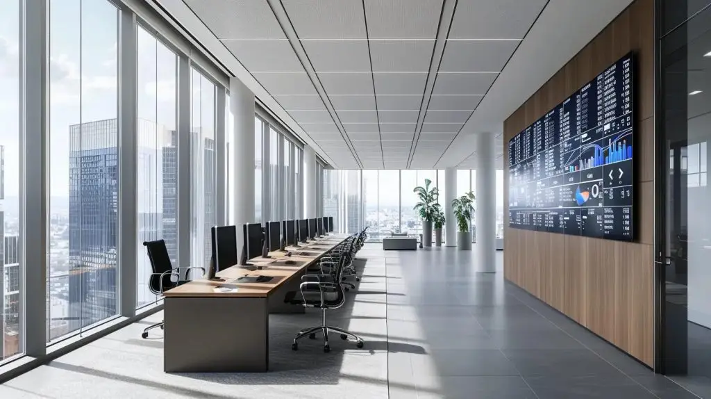 a sleek, modern office environment features multiple digital screens displaying complex data analytics and security protocols, highlighting the critical role of access control measures in protecting sensitive information from cyber threats.