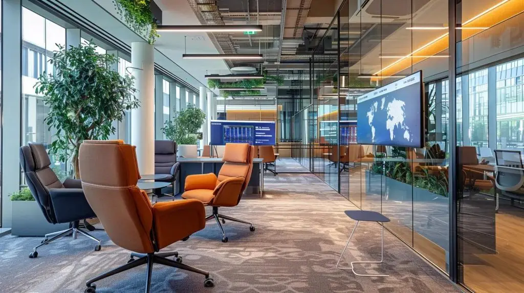a sleek, modern office environment filled with digital screens displaying cybersecurity frameworks and compliance metrics, exuding a sense of high-tech professionalism and security awareness.