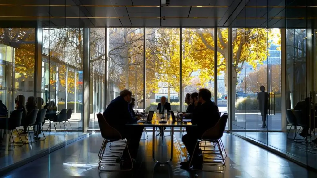 a sleek, modern office environment filled with professionals engaged in a strategic meeting, surrounded by digital screens displaying complex data charts and security compliance frameworks, captures the essence of tackling contemporary security challenges in the business world.