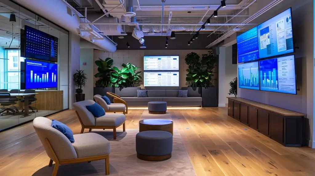a sleek, modern office environment filled with digital screens displaying complex network security compliance data, highlighting the dynamic interplay between technology and regulatory updates in a vivid, tech-driven atmosphere.