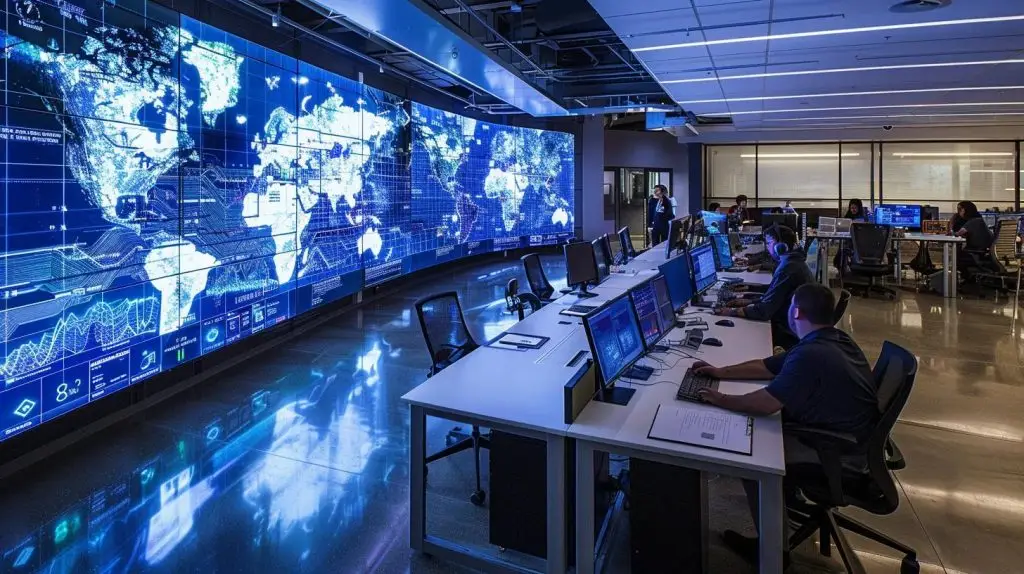 a sleek, modern office environment features a large digital screen displaying a dynamic infographic on incident response strategies, surrounded by engaged professionals discussing cybersecurity measures in a collaborative setting.
