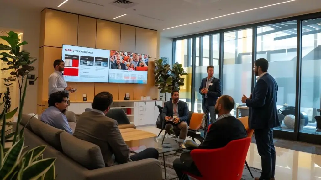 a sleek, modern office environment features a diverse group of professionals engaged in a lively discussion, surrounded by vibrant digital screens displaying glowing testimonials about fortigate, highlighting their preference over competitors.