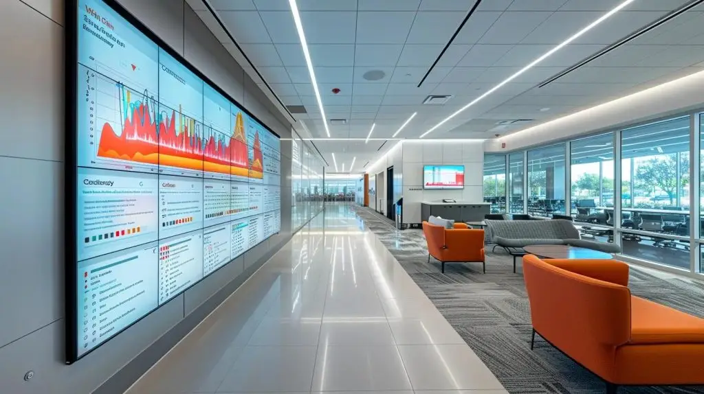 a sleek, modern office environment features a large digital screen displaying analytical graphs and keyword data, emphasizing the strategic process of optimizing cybersecurity service websites for enhanced business visibility.