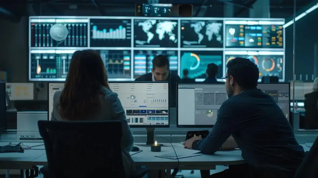 a sleek, modern office environment showcases a diverse team engaged in a dynamic discussion around a digital dashboard displaying cybersecurity compliance metrics, highlighting the integration of security practices into their daily workflow.