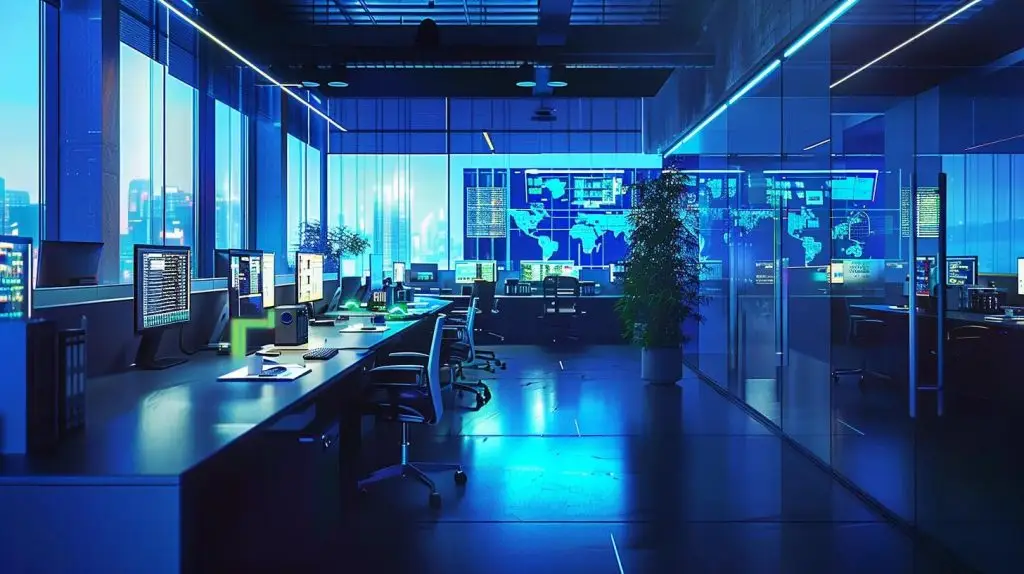 a sleek, modern office environment features a security operations center with multiple screens displaying real-time data and alerts from fortigate firewalls, illuminated by dynamic blue and green led lighting that emphasizes the high-tech atmosphere of secure remote management.