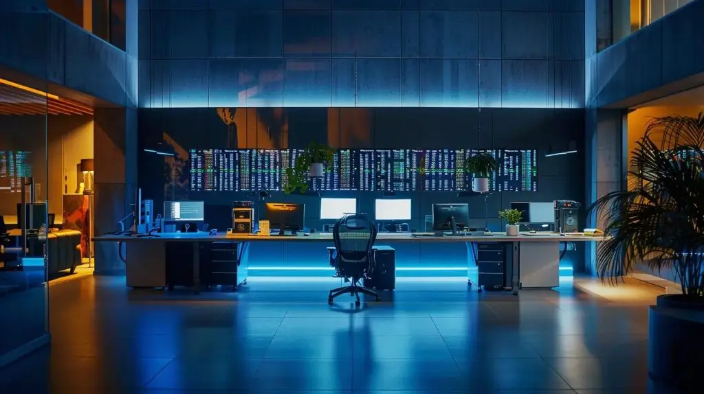 a sleek, modern office environment showcases a central digital access control system, illuminated by bright, focused lighting, emphasizing the seamless integration of security and operational efficiency within the workspace.