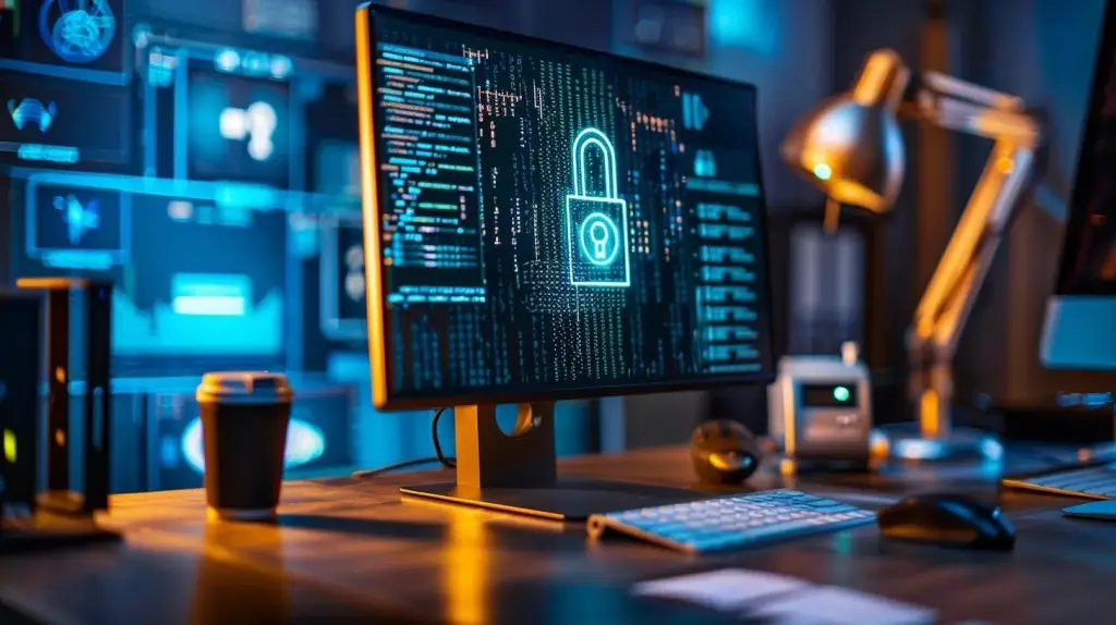 a sleek, modern office environment showcases a glowing computer screen displaying vibrant encryption algorithms, surrounded by abstract digital locks, symbolizing the critical importance of data security and privacy in today's cyber landscape.