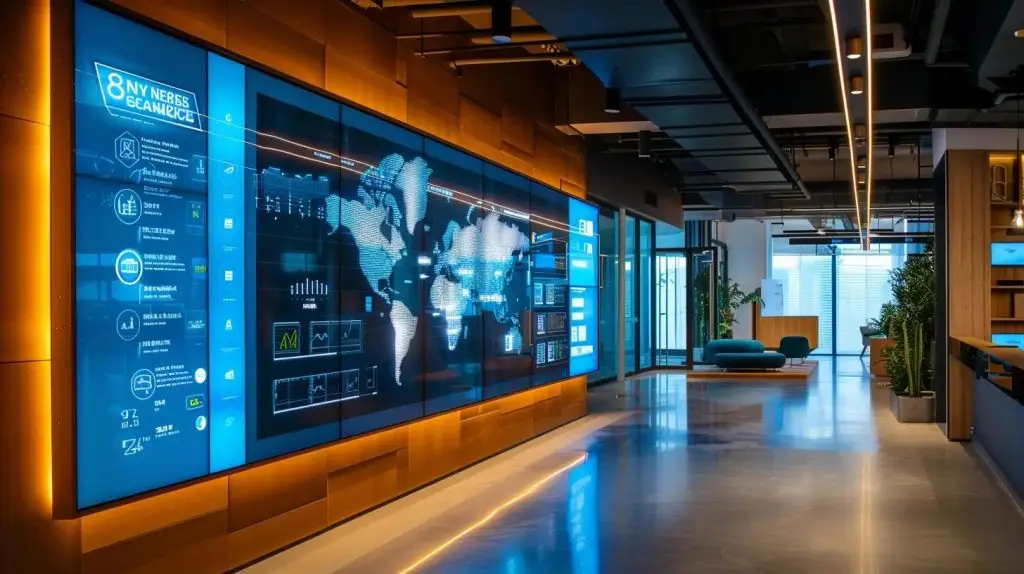 a sleek, modern office environment features a large digital display showcasing vibrant infographics on essential data protection techniques, illuminated by focused led lighting that highlights the importance of cybersecurity in today's business landscape.