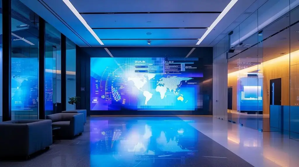 a sleek, modern office environment features a large digital screen displaying a bold, cautionary infographic about the risks of non-compliance in security frameworks, illuminated by dramatic lighting that emphasizes urgency and professionalism.