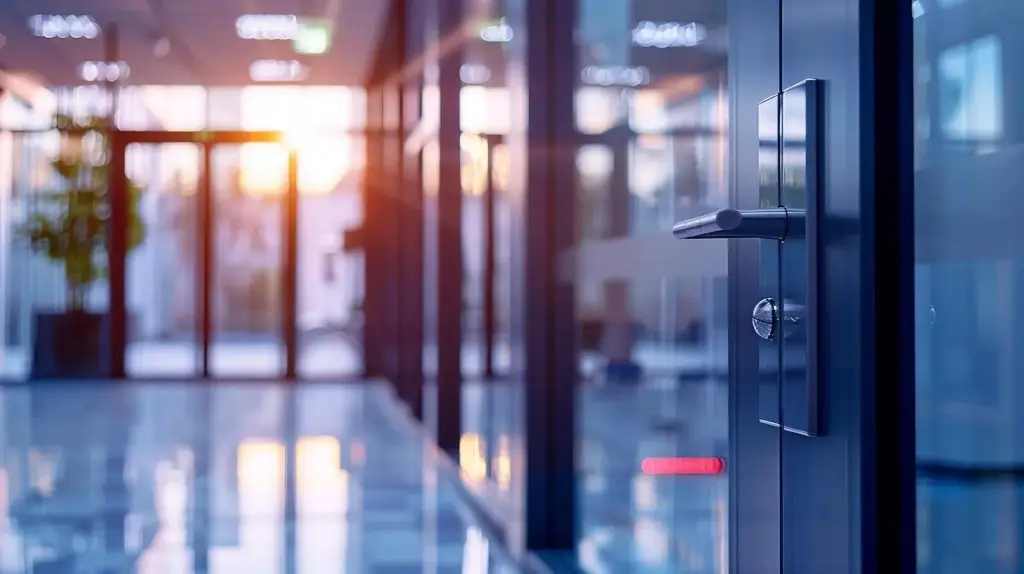 a sleek, modern office featuring a high-tech access control system prominently displayed at the entrance, illuminated by streamlined lighting, conveying a sense of security and advanced technology.