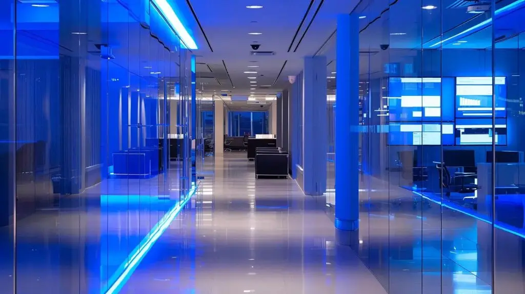 a sleek, modern office featuring multiple screens displaying vibrant real-time data analytics and compliance dashboards, illuminated by cool blue led lighting that underscores the significance of automated monitoring in ensuring regulatory adherence.