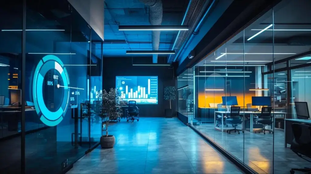 a sleek, modern office featuring multiple large screens displaying intricate cloud security analytics and real-time data monitoring, illuminated by a cool blue glow that signifies advanced technology protecting sensitive information.