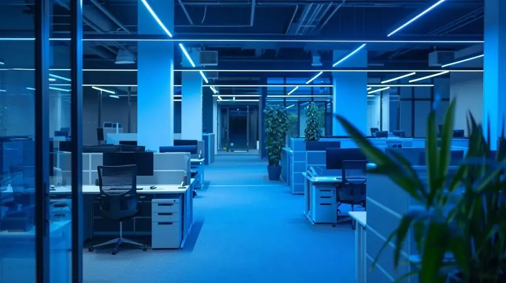 a sleek, modern office filled with high-tech network equipment, including a prominently displayed fortigate firewall unit, bathed in dynamic blue and white led lighting to emphasize a secure digital environment.