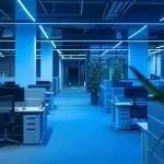 a sleek, modern office filled with high-tech network equipment, including a prominently displayed fortigate firewall unit, bathed in dynamic blue and white led lighting to emphasize a secure digital environment.