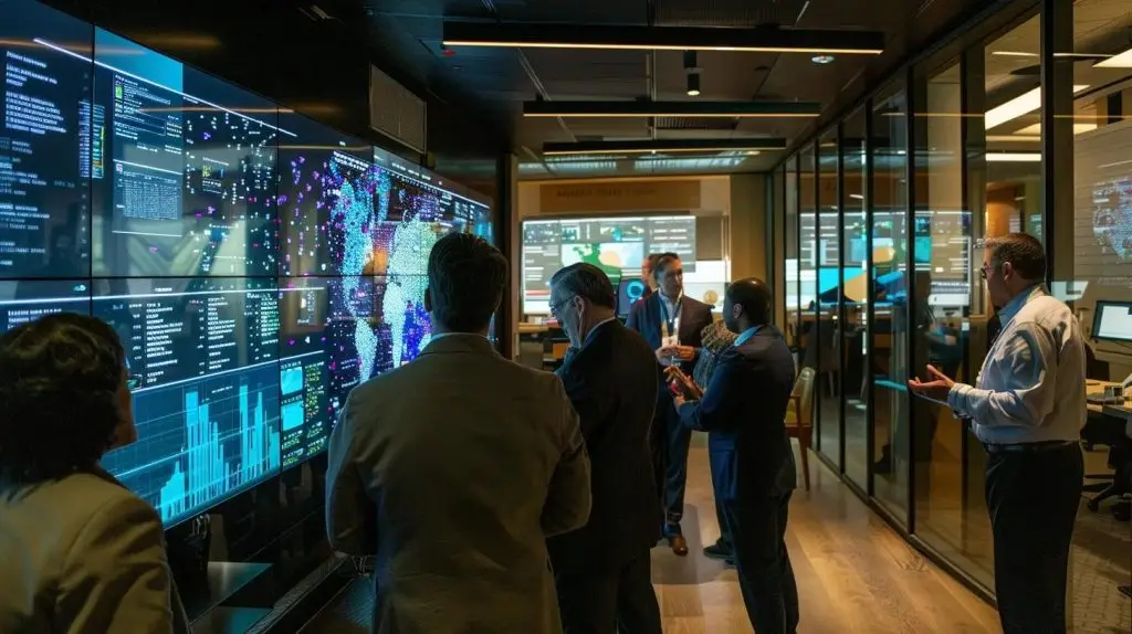 a sleek, modern office filled with professionals engaged in a vibrant discussion around a digital interface displaying the nist cybersecurity framework, emphasizing a culture of compliance and continuous improvement.